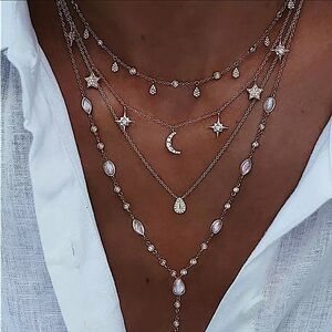 Gold Y Lariat Sun Moon Drop Crystal Multilayer Bohemian Pendant Necklace